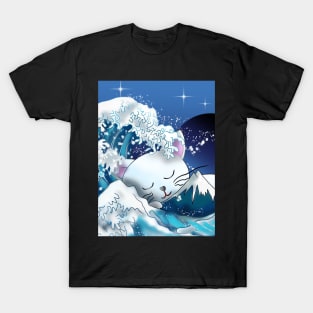 Cat sleeping behind Mount Fuji and the wave off Kanagawa T-Shirt